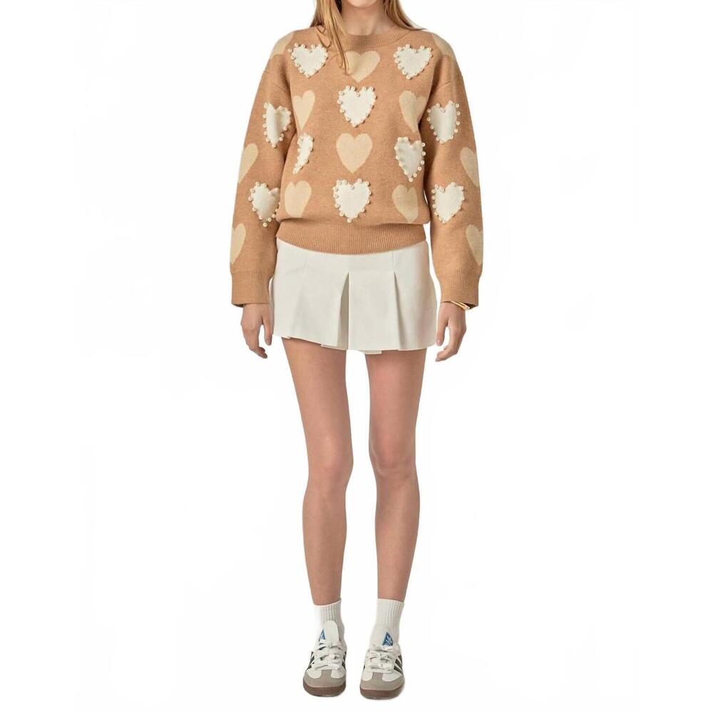 NEW ENGLISH FACTORY dolly heart and pearl sweater in tan multi
